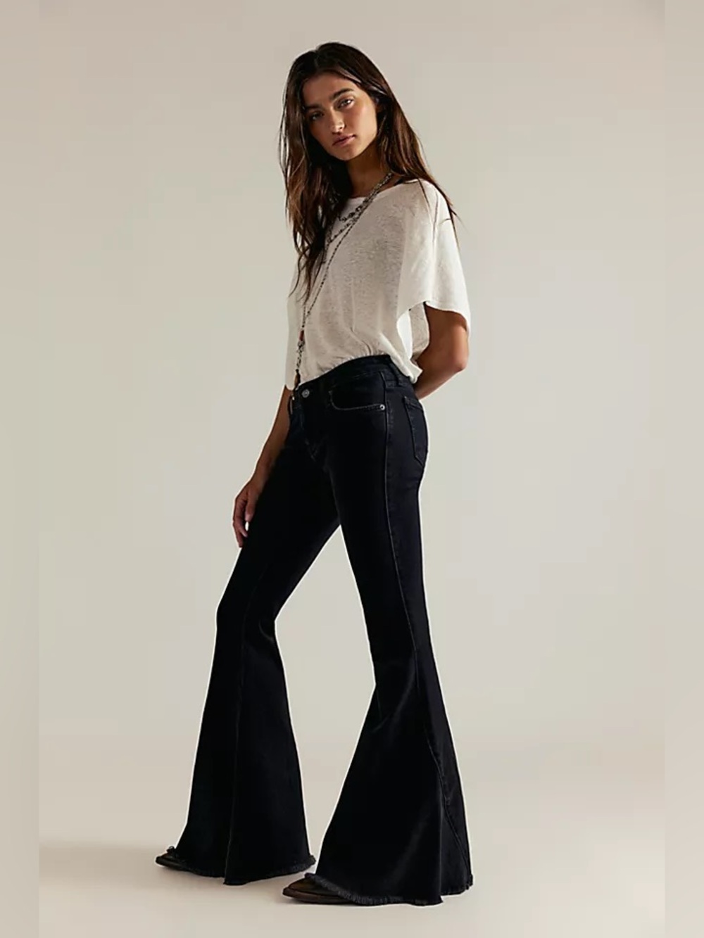 Free People Emre Flare Denim Jeans Raw Hem Black Size 30 Bell Bottom